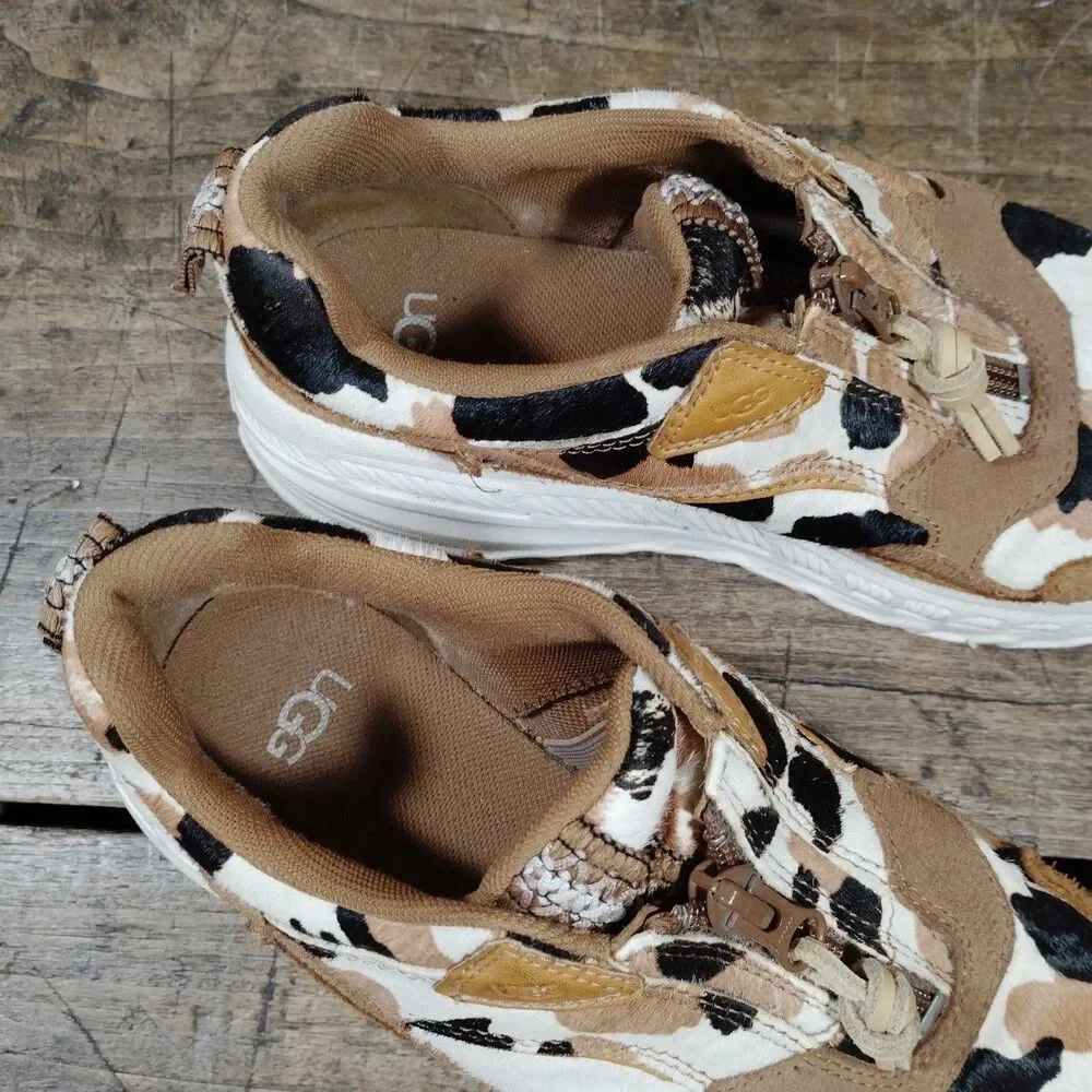 Ugg Sneakers 7.5 Cow Print 1120717 Brown Black Cream Zip Shoes Suede Platform